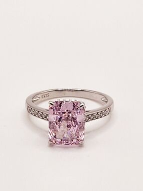 2.5 Carat Sterling Silver Pink Cushion-Cut Ring with Pavé Band